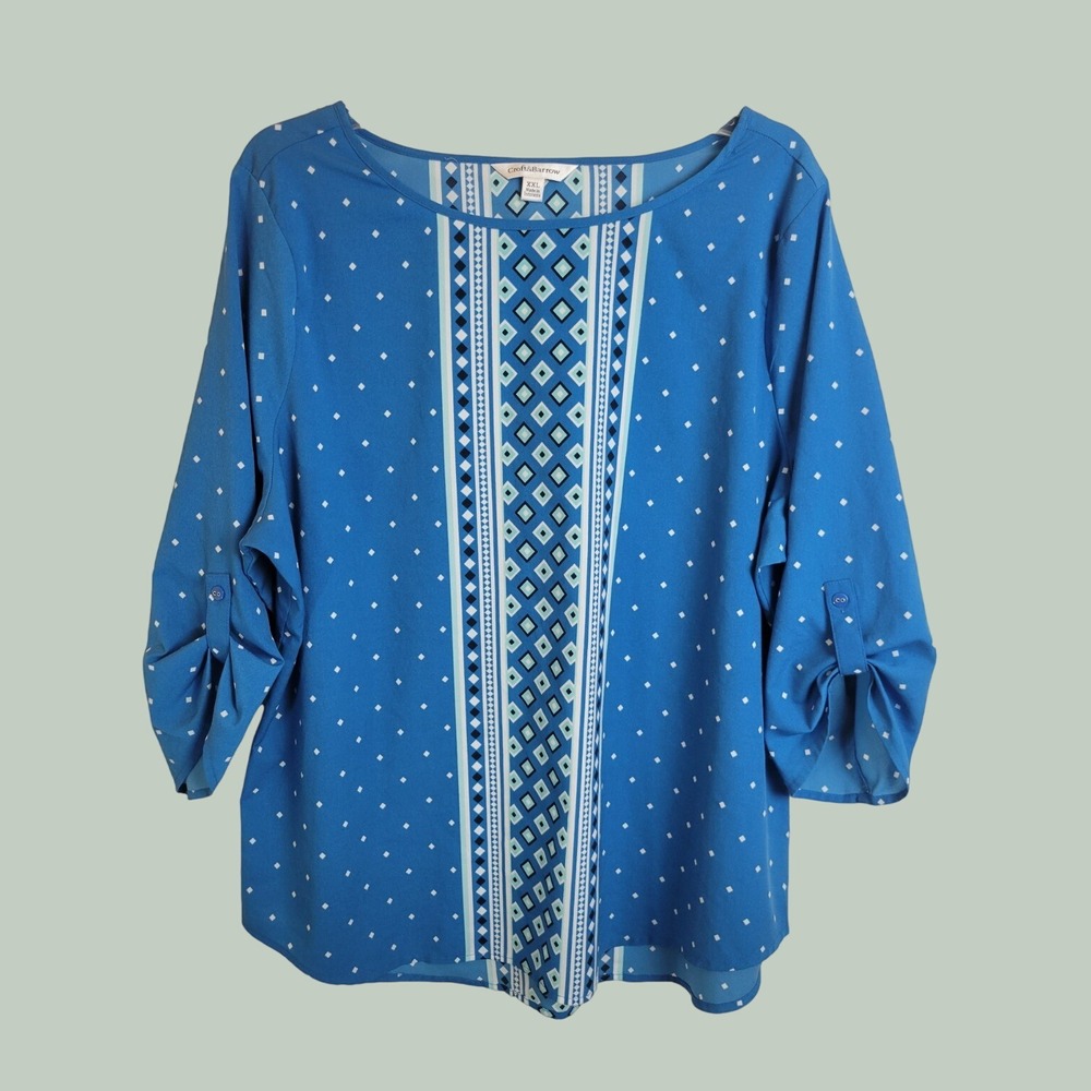 Croft & Barrow Blouse Geometric Roll Tab Sleeve Casual Career Plus Size XXL Blue